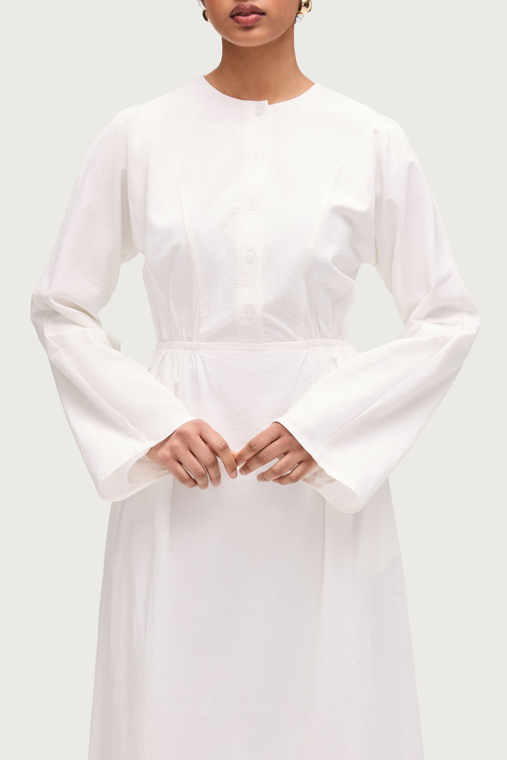 Robe Longue Boutonnée en Coton Mélangé - Blanc Robes Modeen
