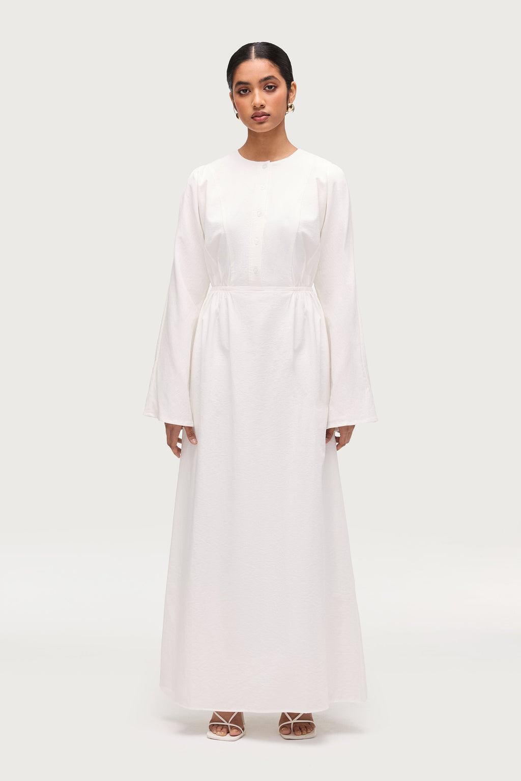 Robe Longue Boutonnée en Coton Mélangé - Blanc Robes Modeen