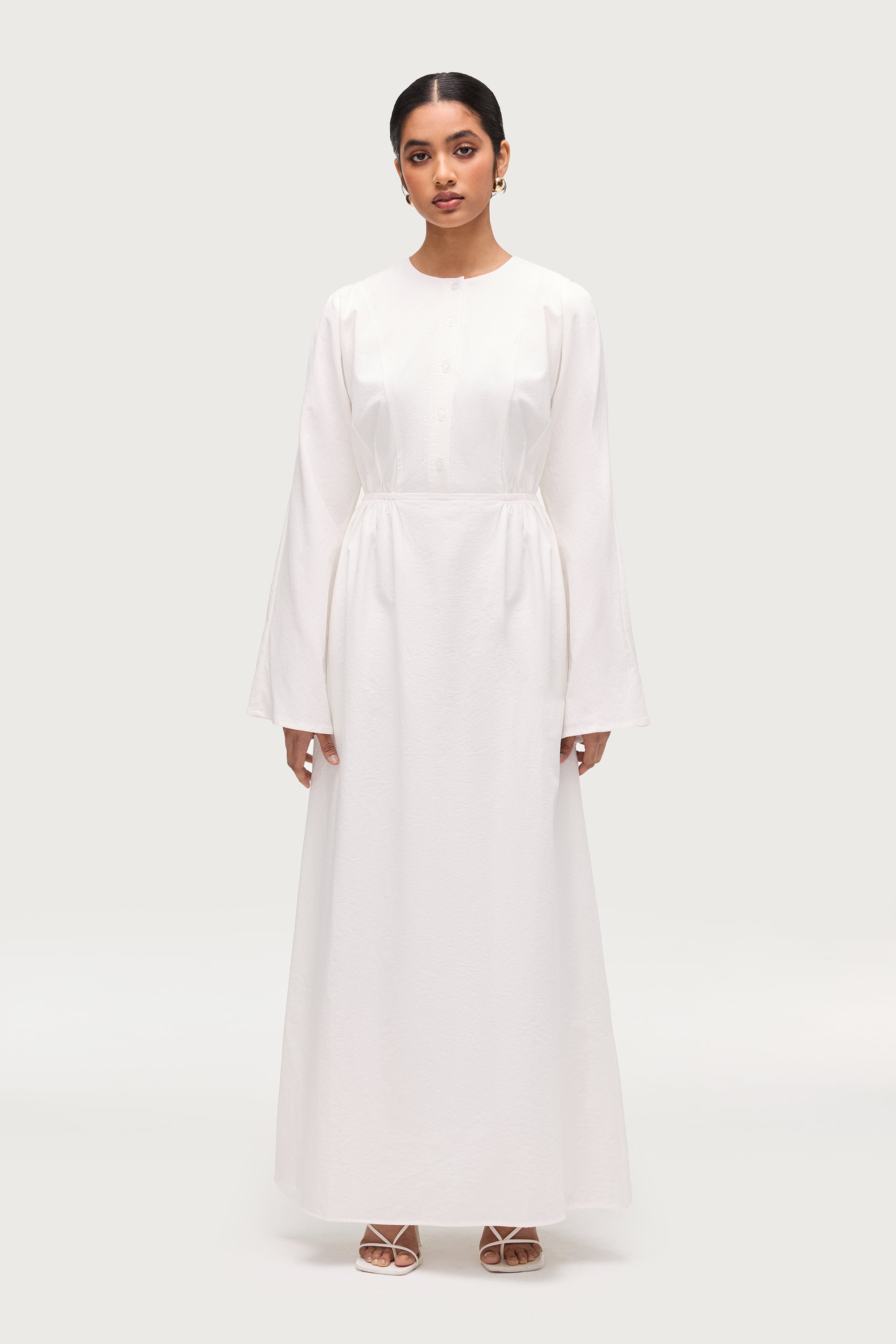 Robe Longue Boutonnée en Coton Mélangé - Blanc Robes Modeen