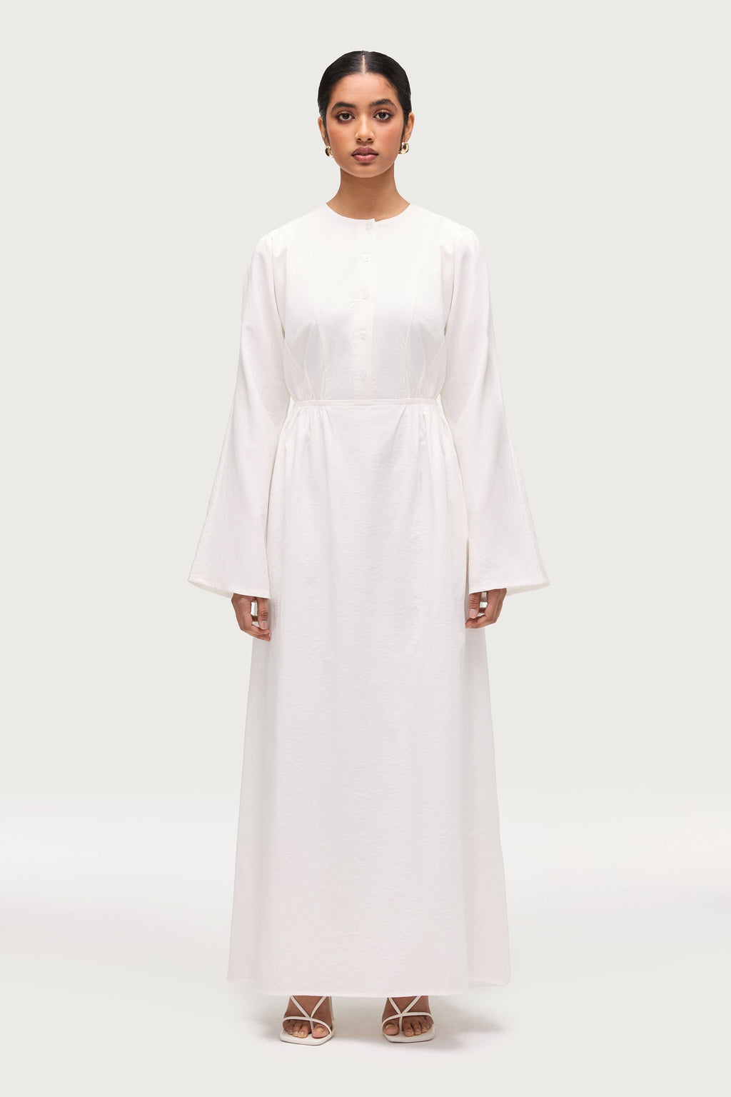 Robe Longue Boutonnée en Coton Mélangé - Blanc Robes Modeen
