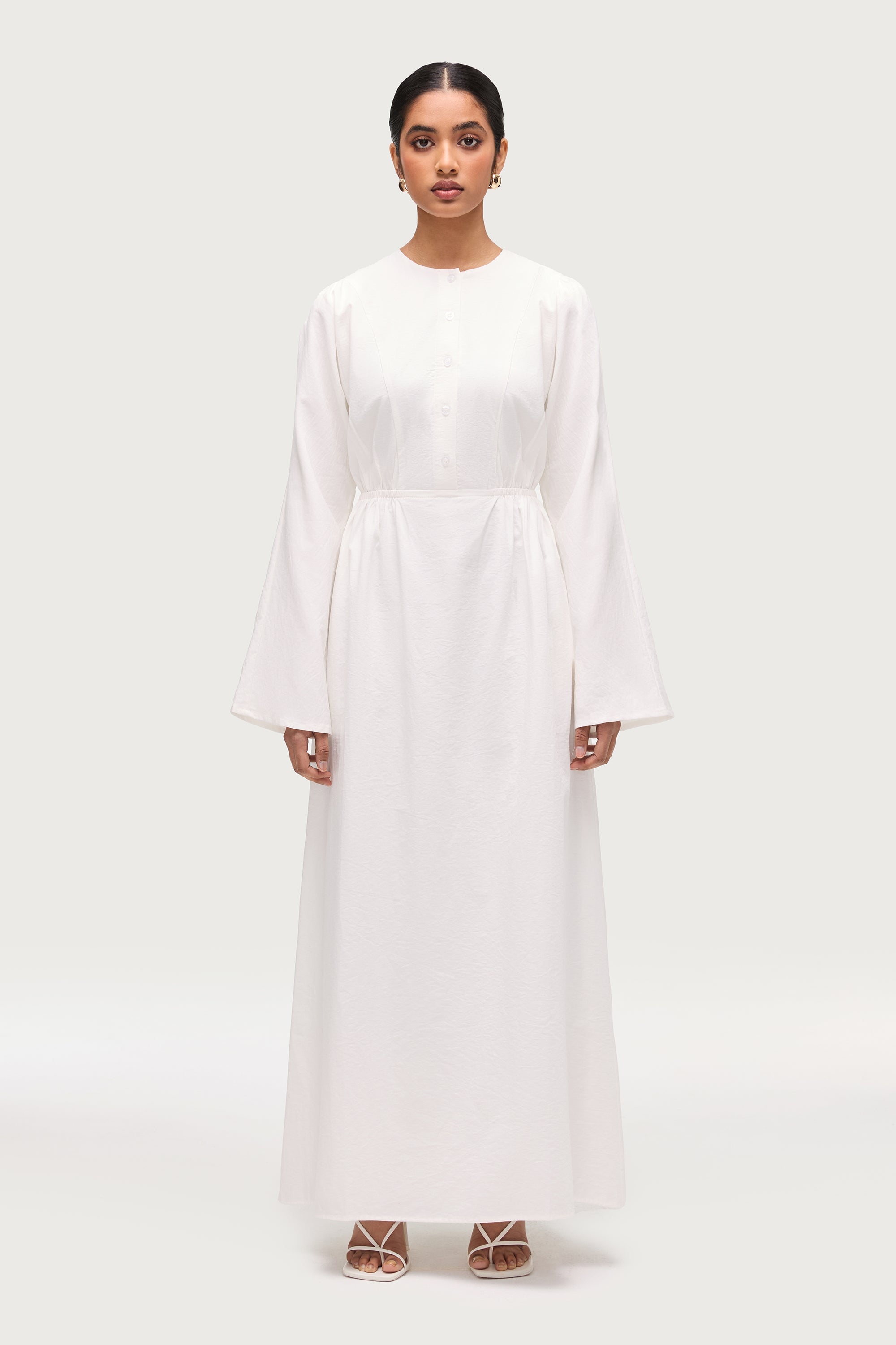 Robe Longue Boutonnée en Coton Mélangé - Blanc Robes Modeen
