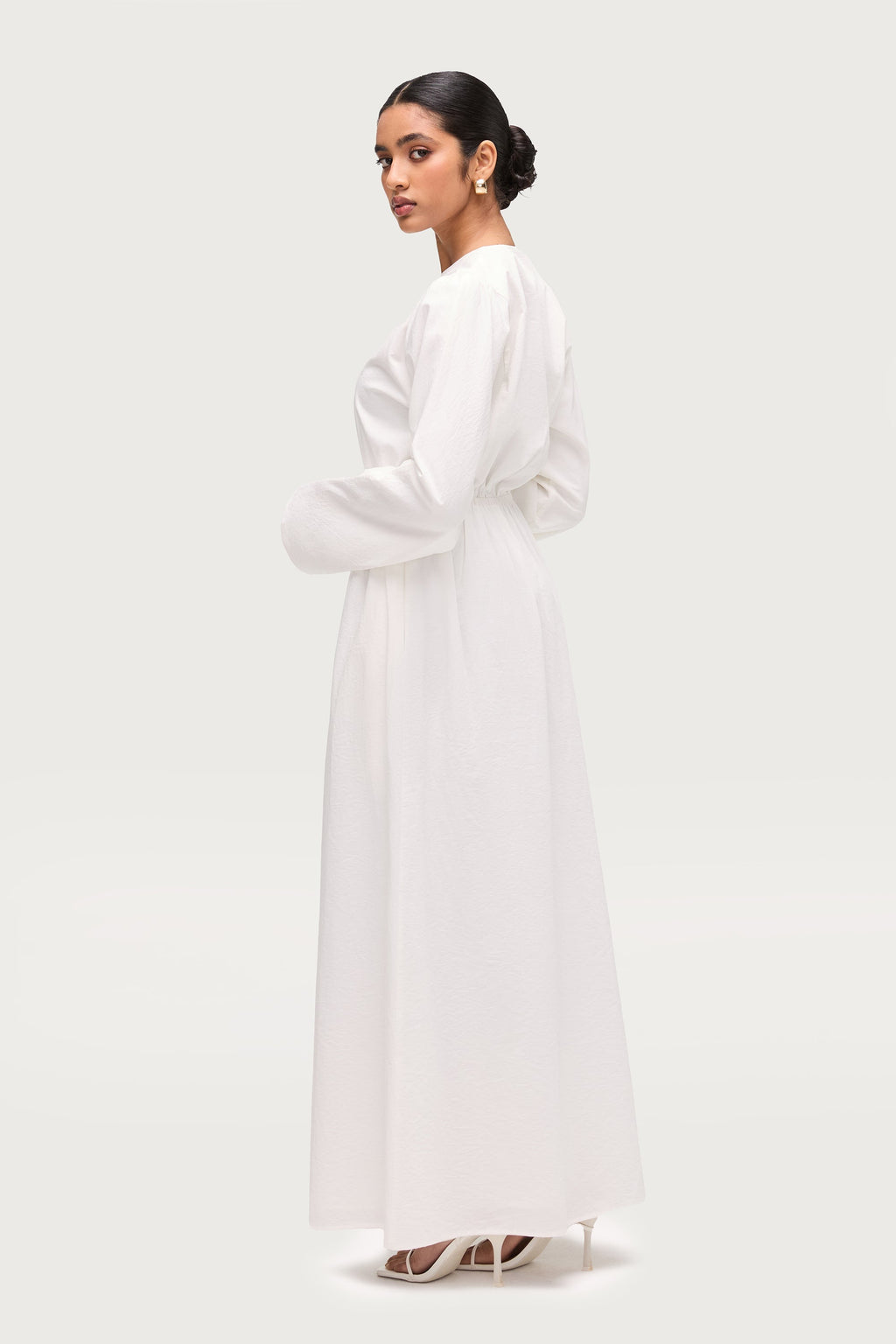 Robe Longue Boutonnée en Coton Mélangé - Blanc Robes Modeen
