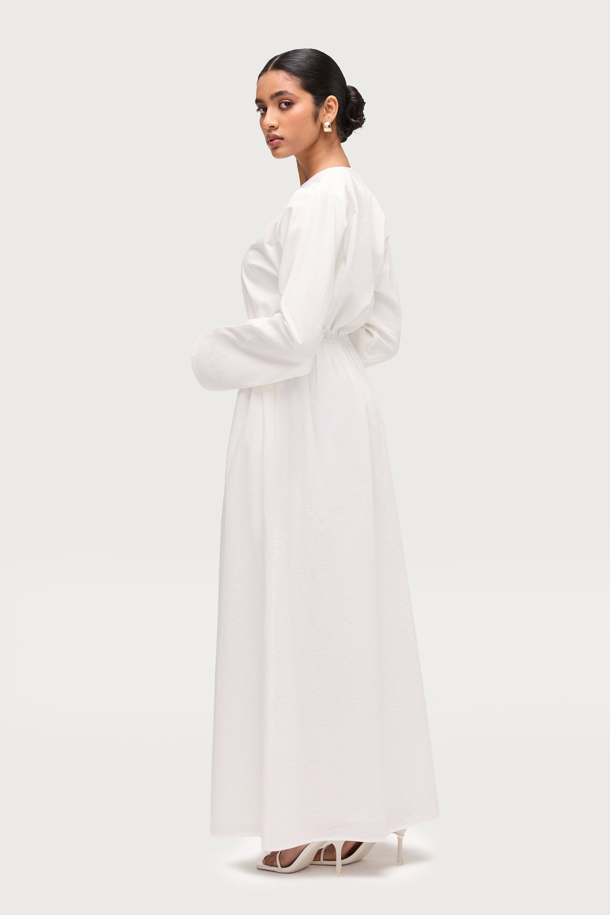 Robe Longue Boutonnée en Coton Mélangé - Blanc Robes Modeen