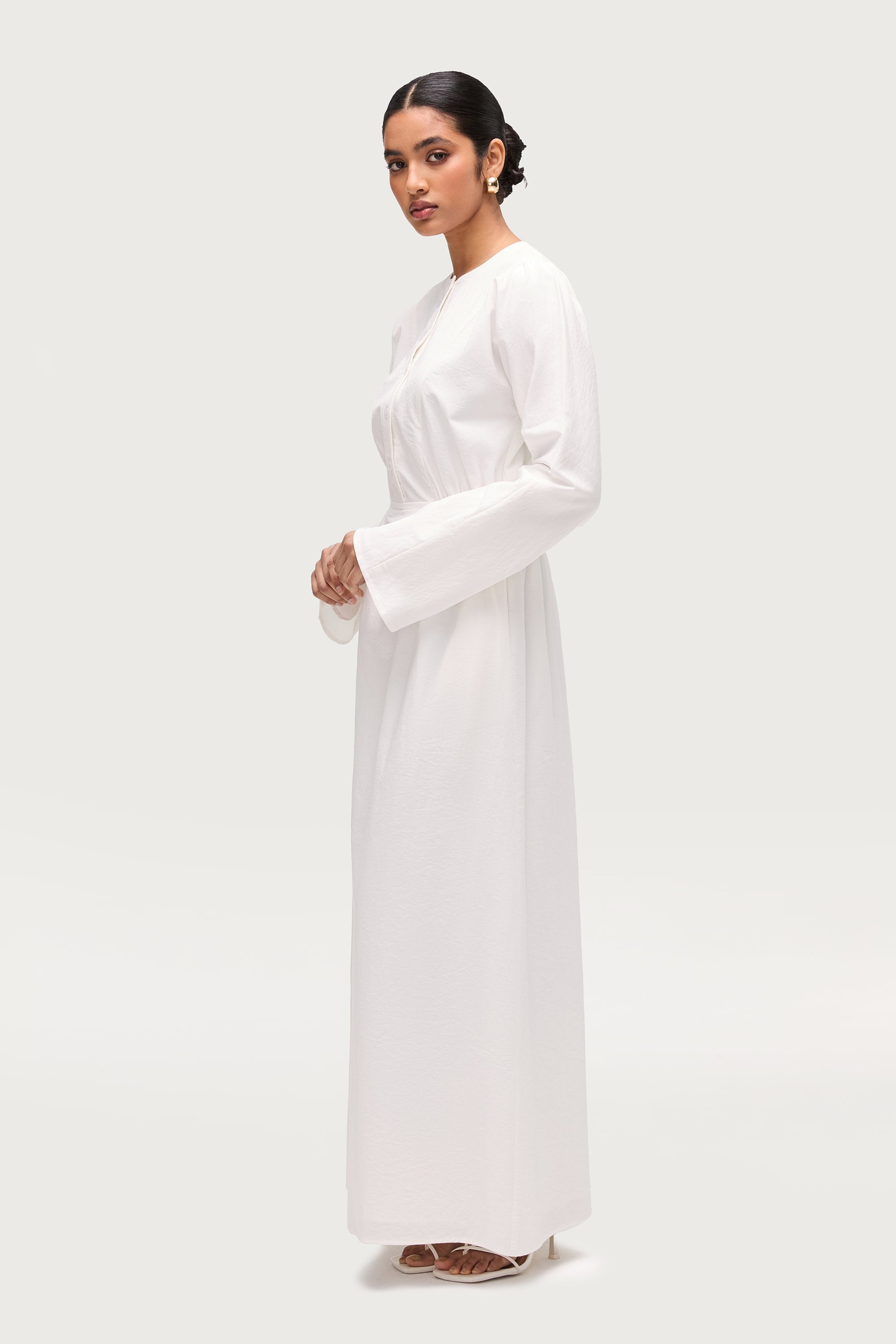 Robe Longue Boutonnée en Coton Mélangé - Blanc Robes Modeen