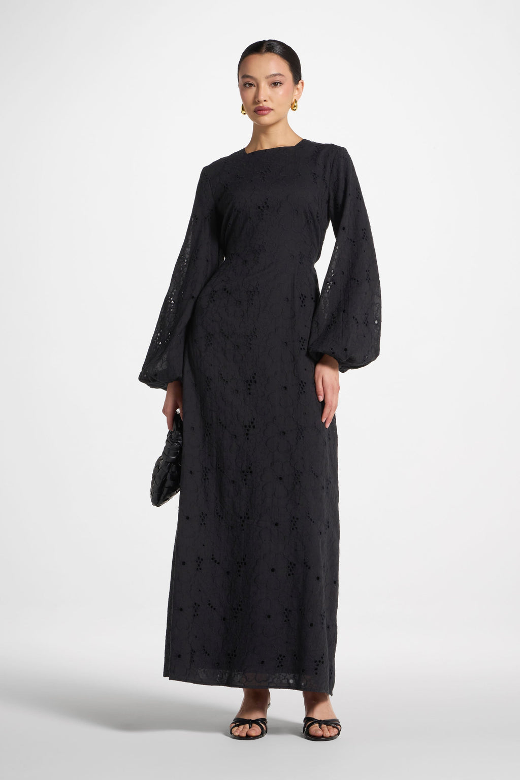Robe Longue en Broderie Anglaise de Coton - Noir Robes Modeen