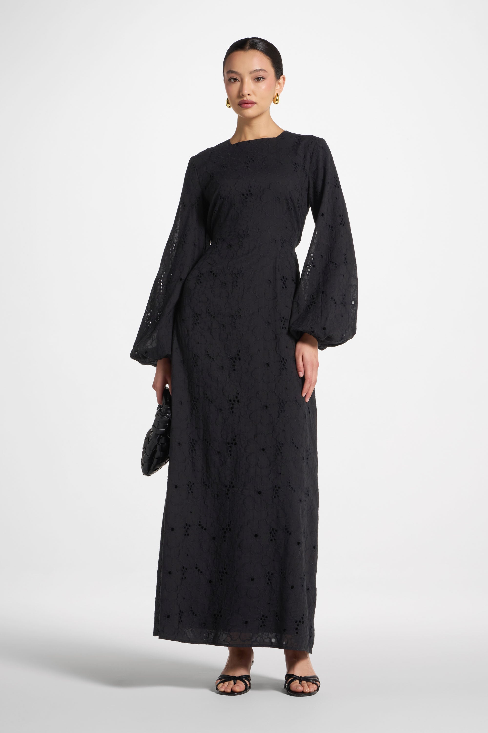 Robe Longue en Broderie Anglaise de Coton - Noir Robes Modeen