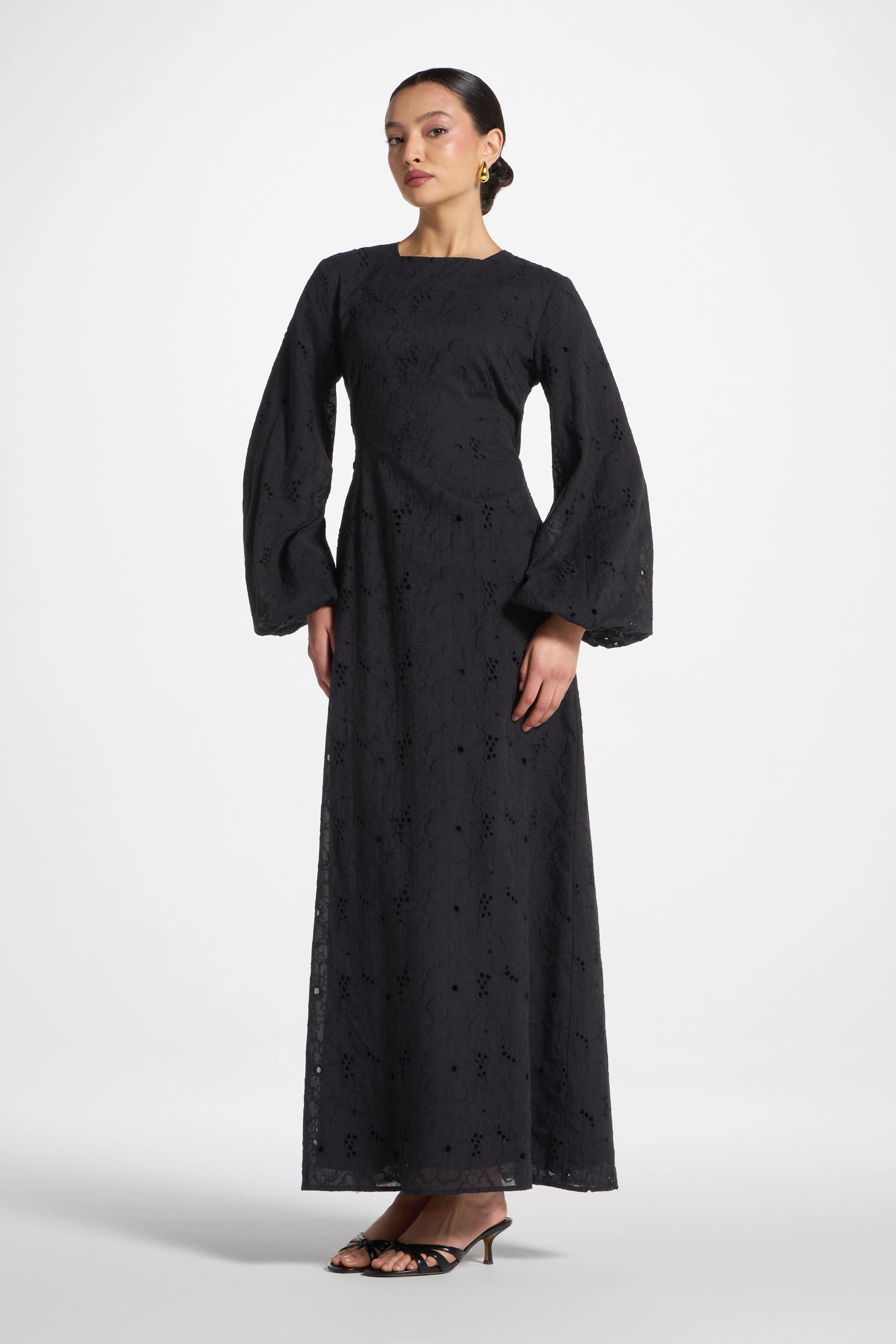Robe Longue en Broderie Anglaise de Coton - Noir Robes Modeen