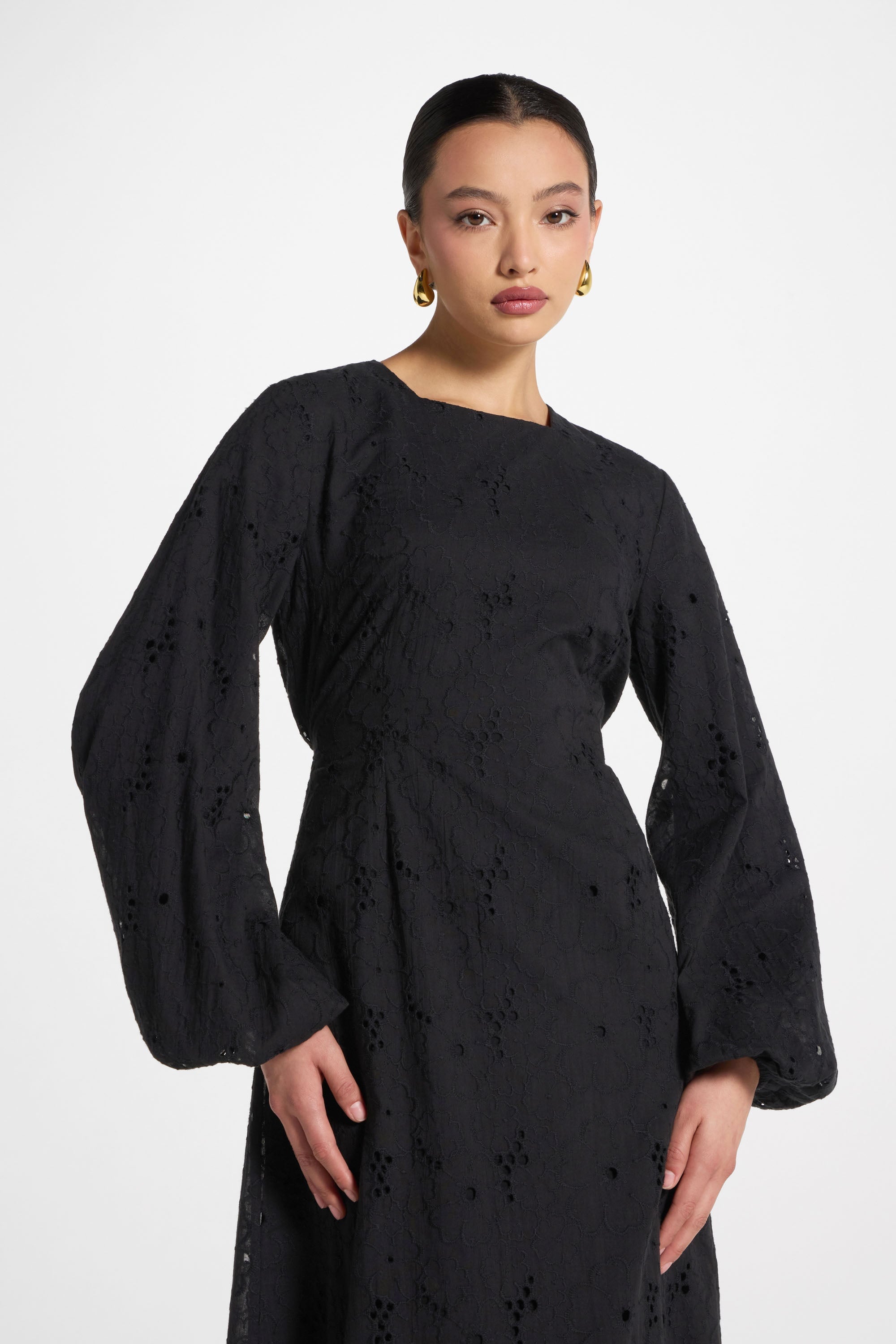 Robe Longue en Broderie Anglaise de Coton - Noir Robes Modeen