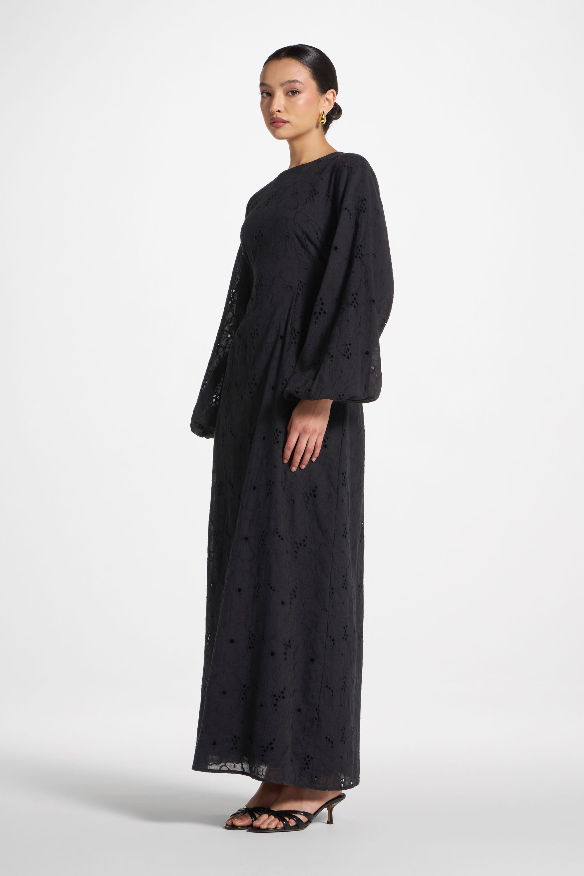 Robe Longue en Broderie Anglaise de Coton - Noir Robes Modeen
