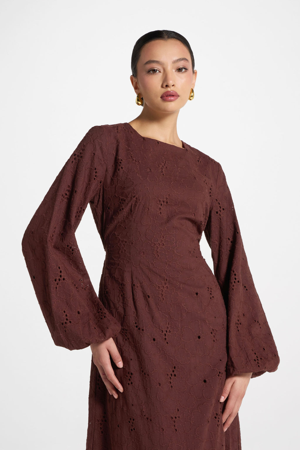 Robe Longue en Broderie Anglaise de Coton - Marron Robes Modeen