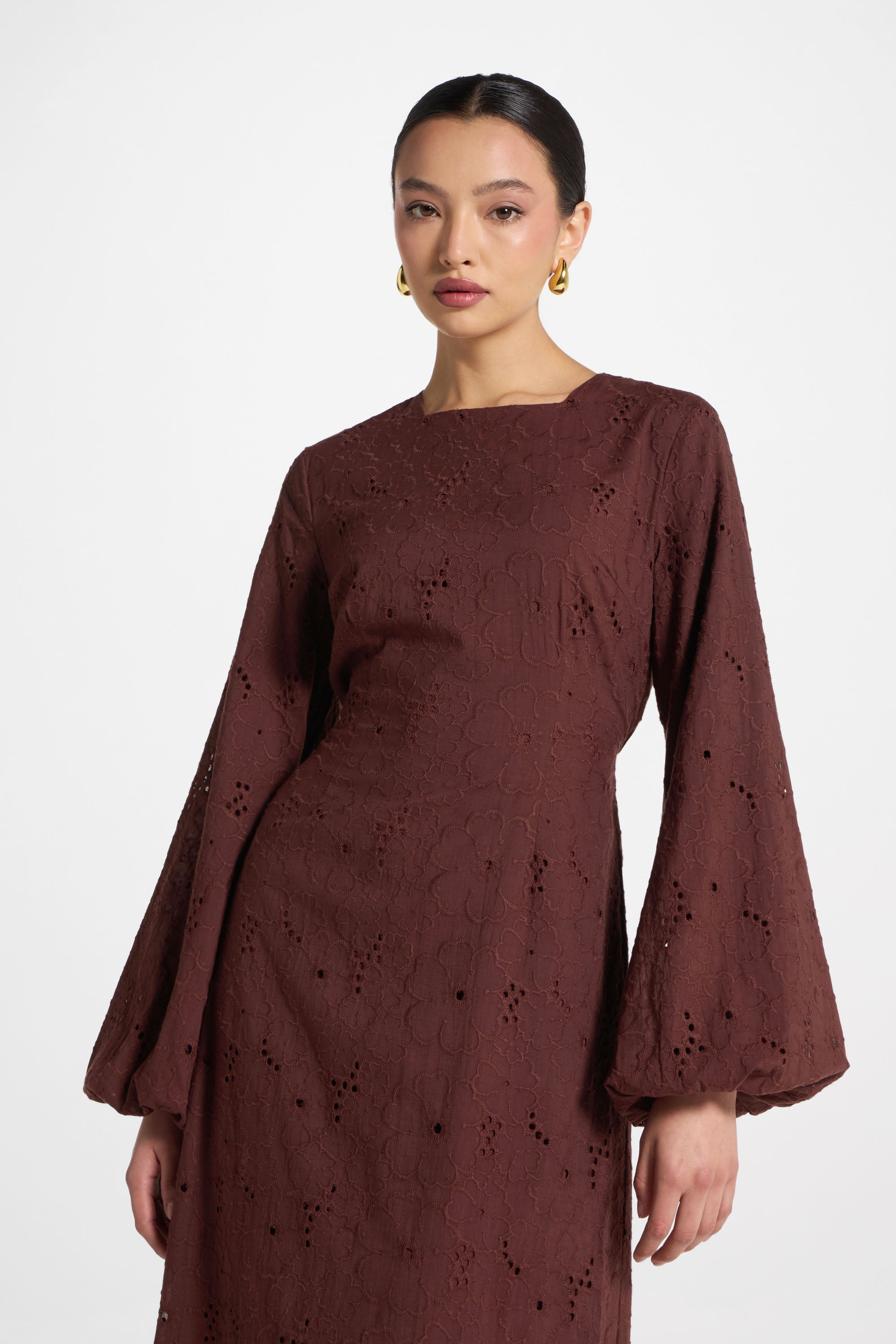 Robe Longue en Broderie Anglaise de Coton - Marron Robes Modeen