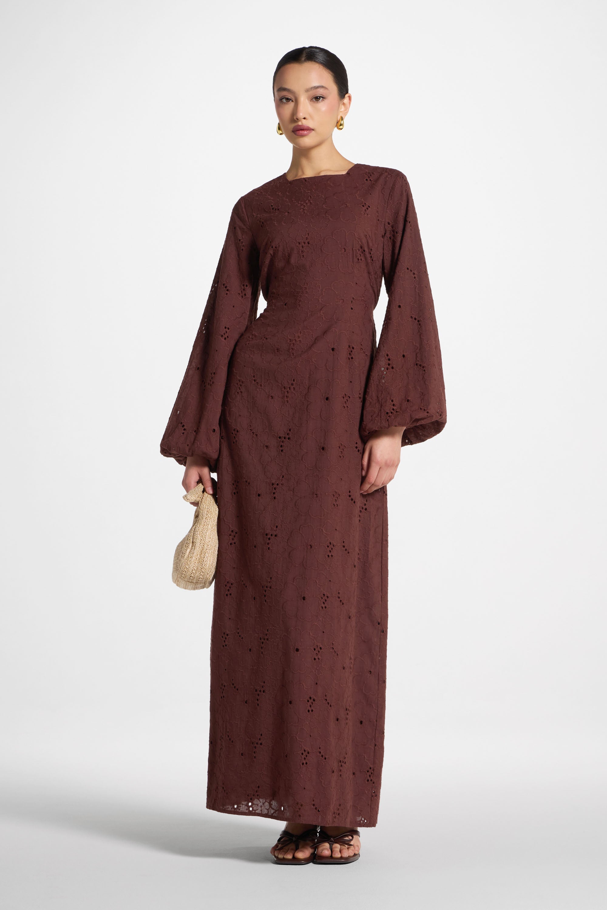 Robe Longue en Broderie Anglaise de Coton - Marron Robes Modeen