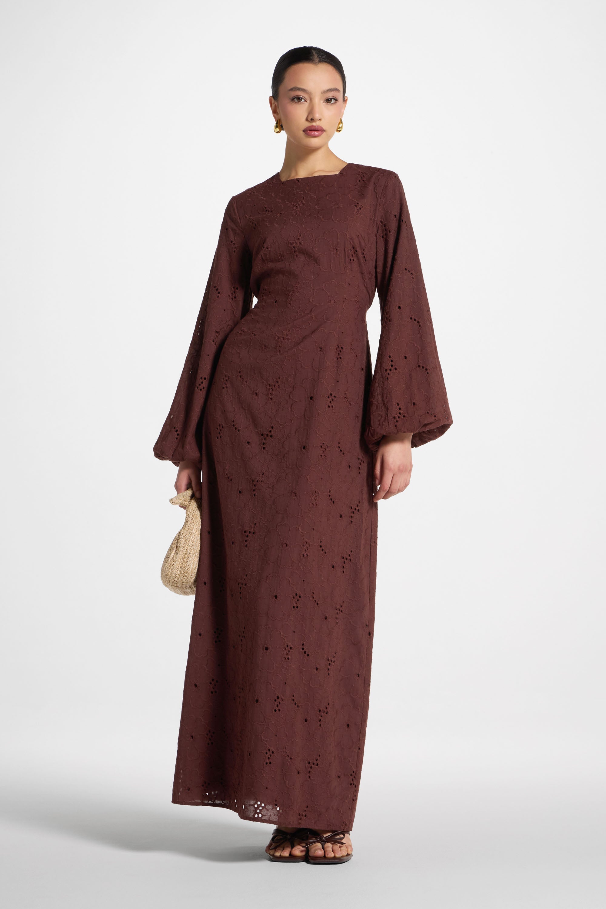 Robe Longue en Broderie Anglaise de Coton - Marron Robes Modeen