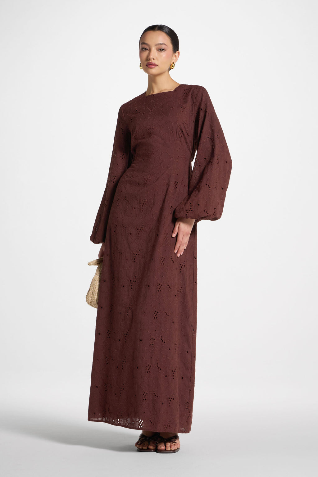 Robe Longue en Broderie Anglaise de Coton - Marron Robes Modeen