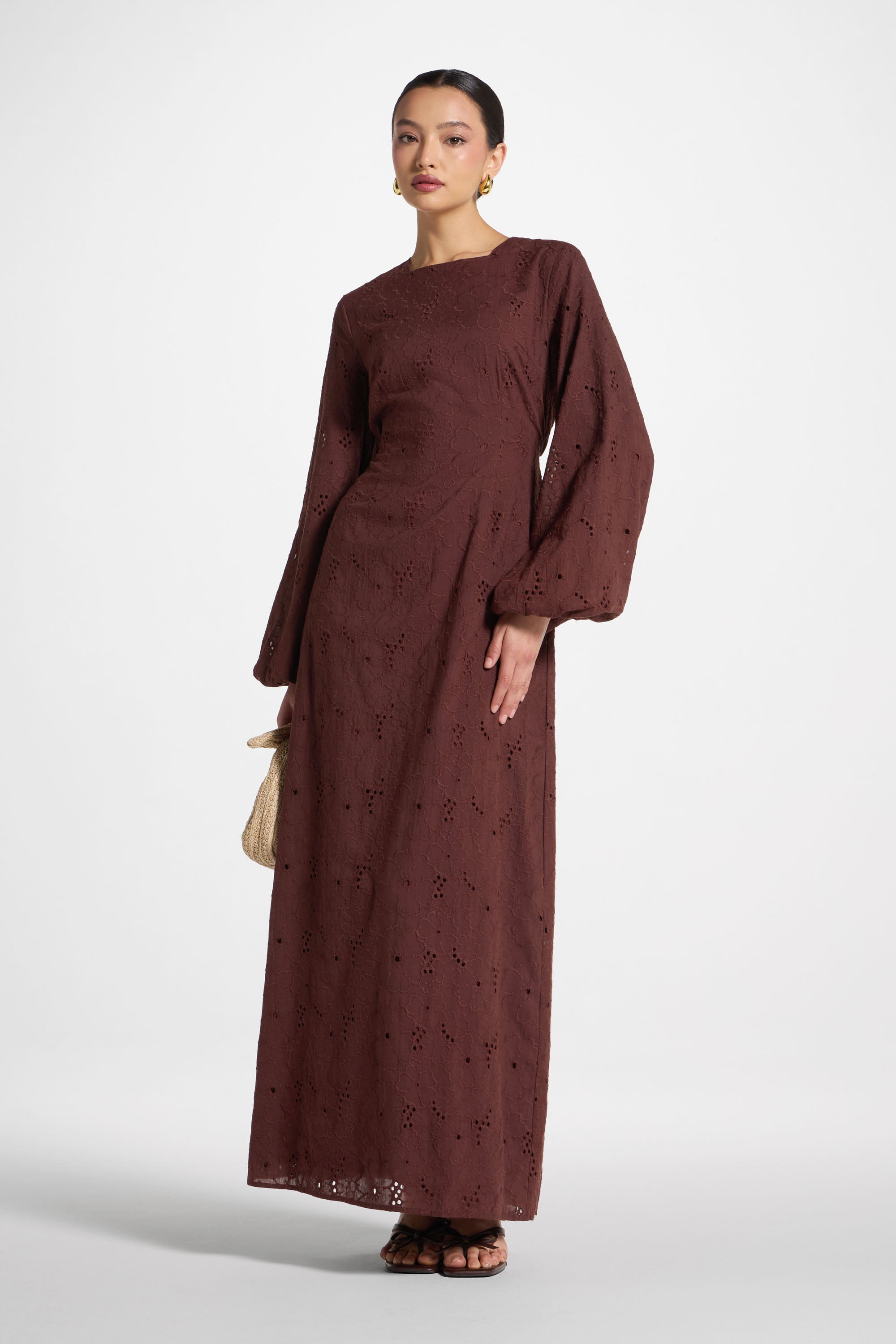 Robe Longue en Broderie Anglaise de Coton - Marron Robes Modeen