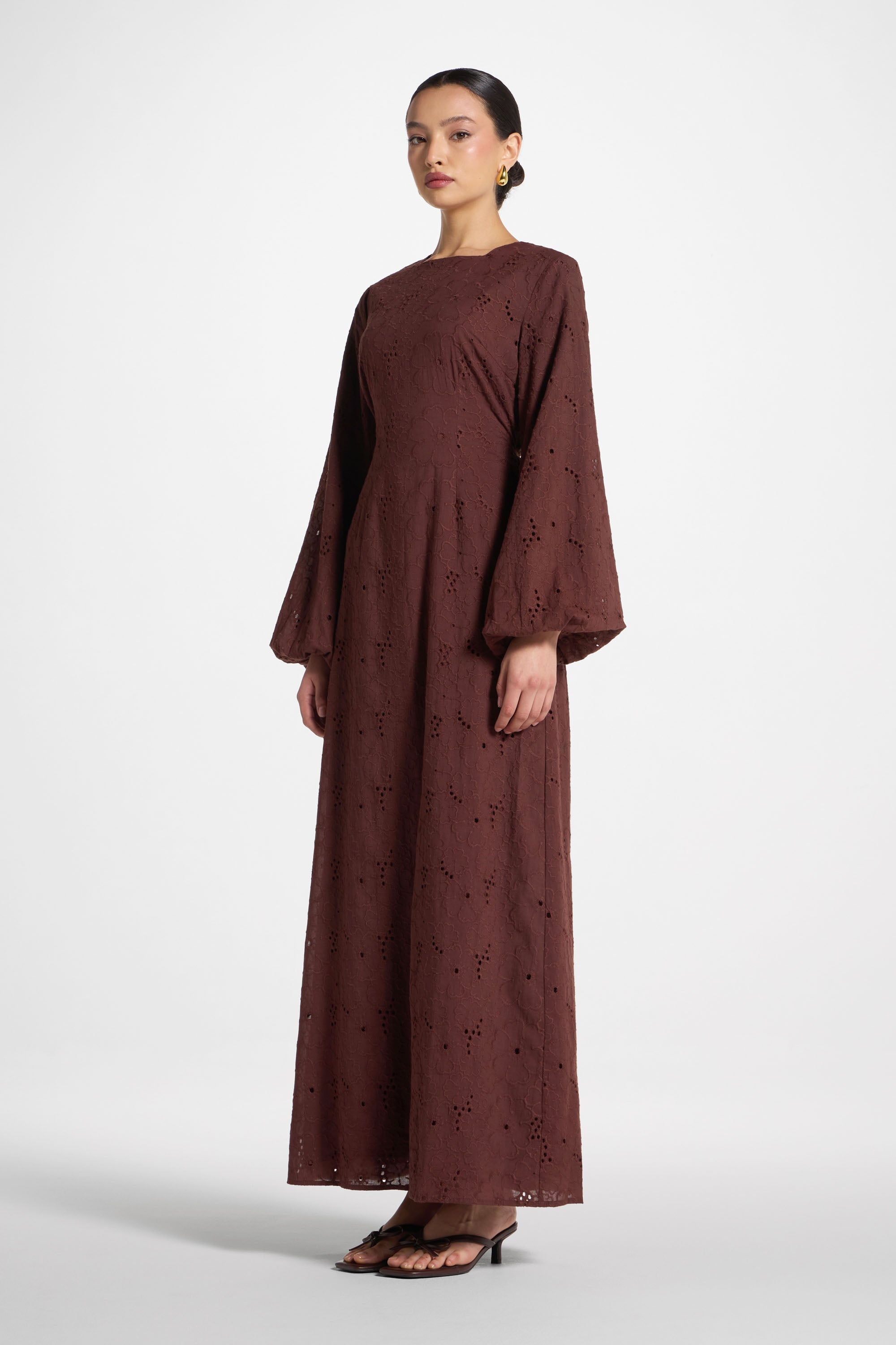 Robe Longue en Broderie Anglaise de Coton - Marron Robes Modeen