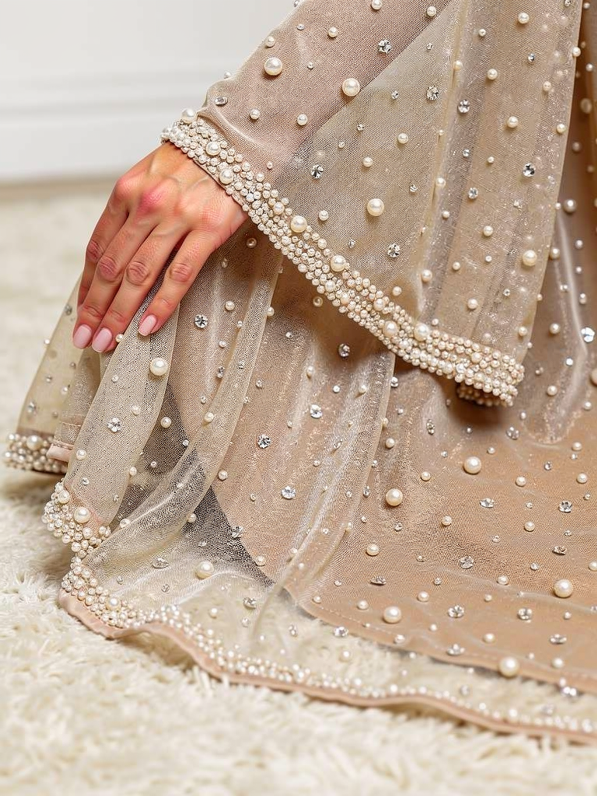 Abaya Perlée Lina Beige — détail manche et ourlet