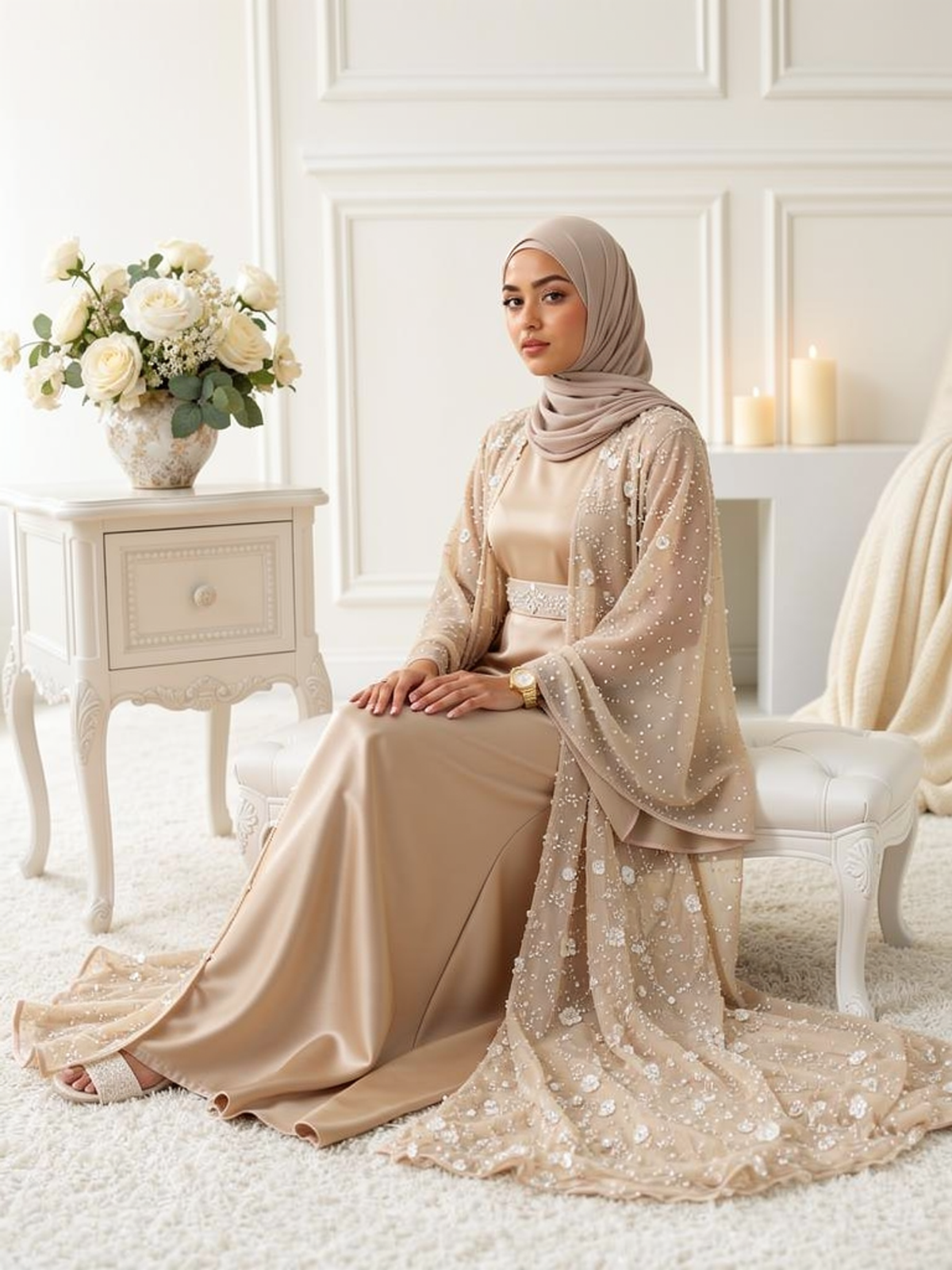 Abaya Perlée Lina Beige — portée, assise