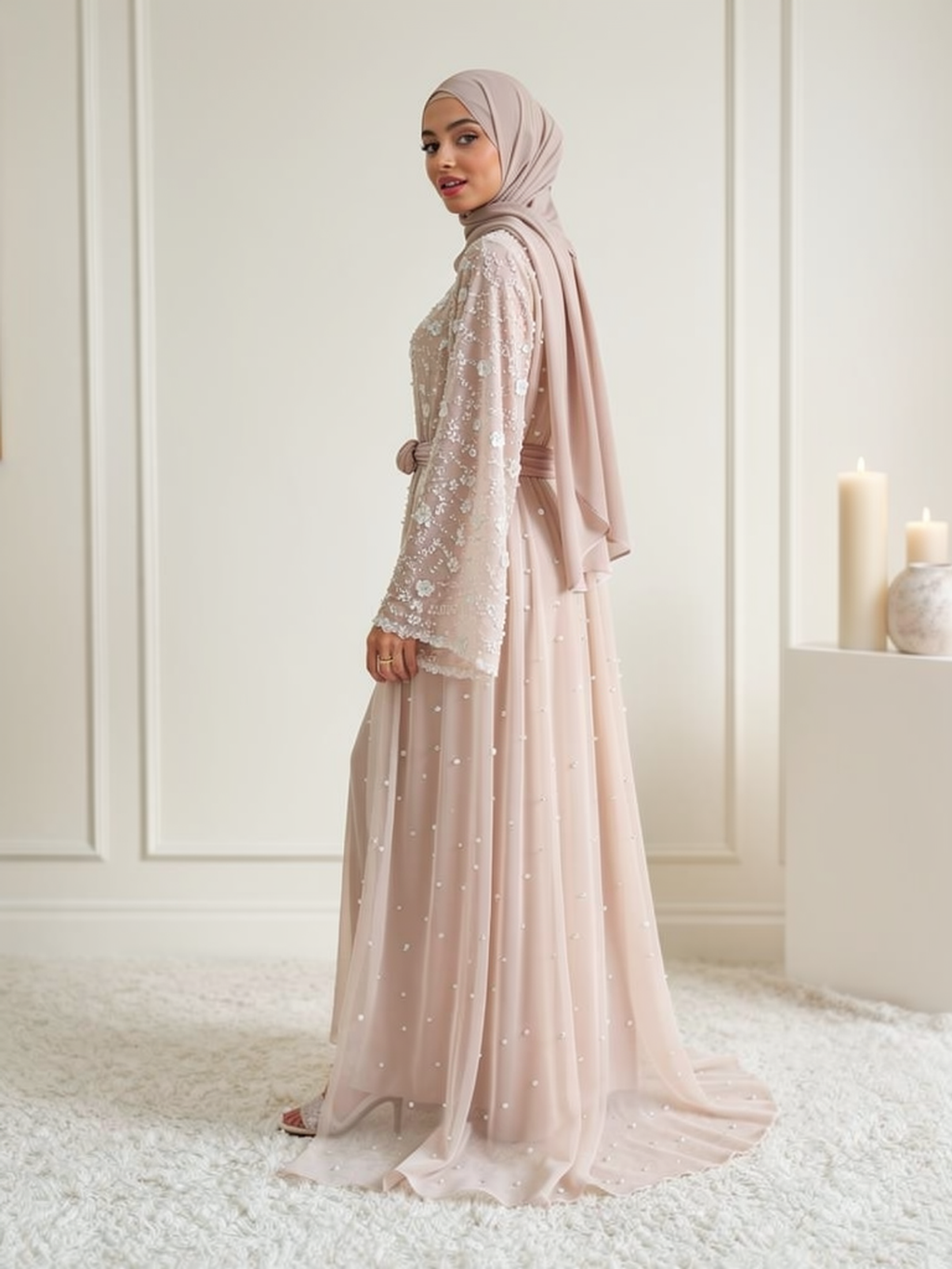 Abaya Perlée Lina Rose Poudré — vue trois-quarts