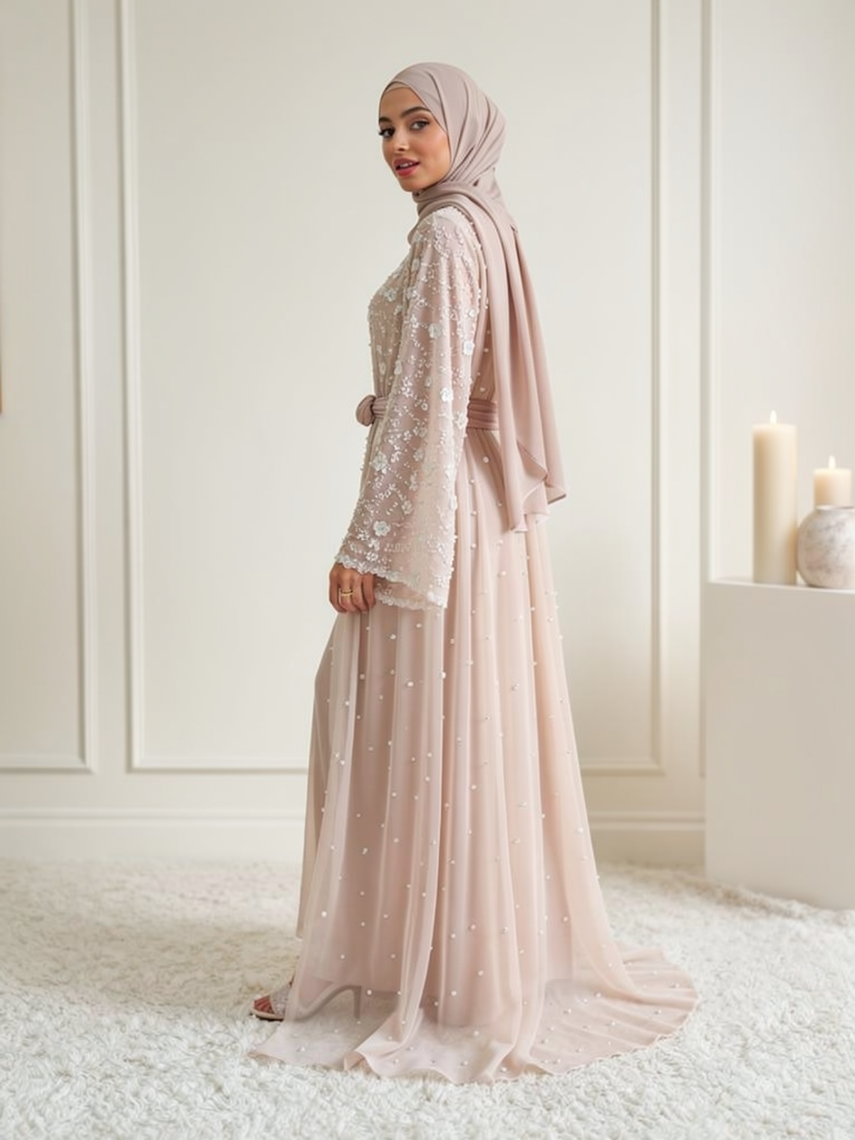 Abaya Perlée Lina Rose Poudré — vue trois-quarts