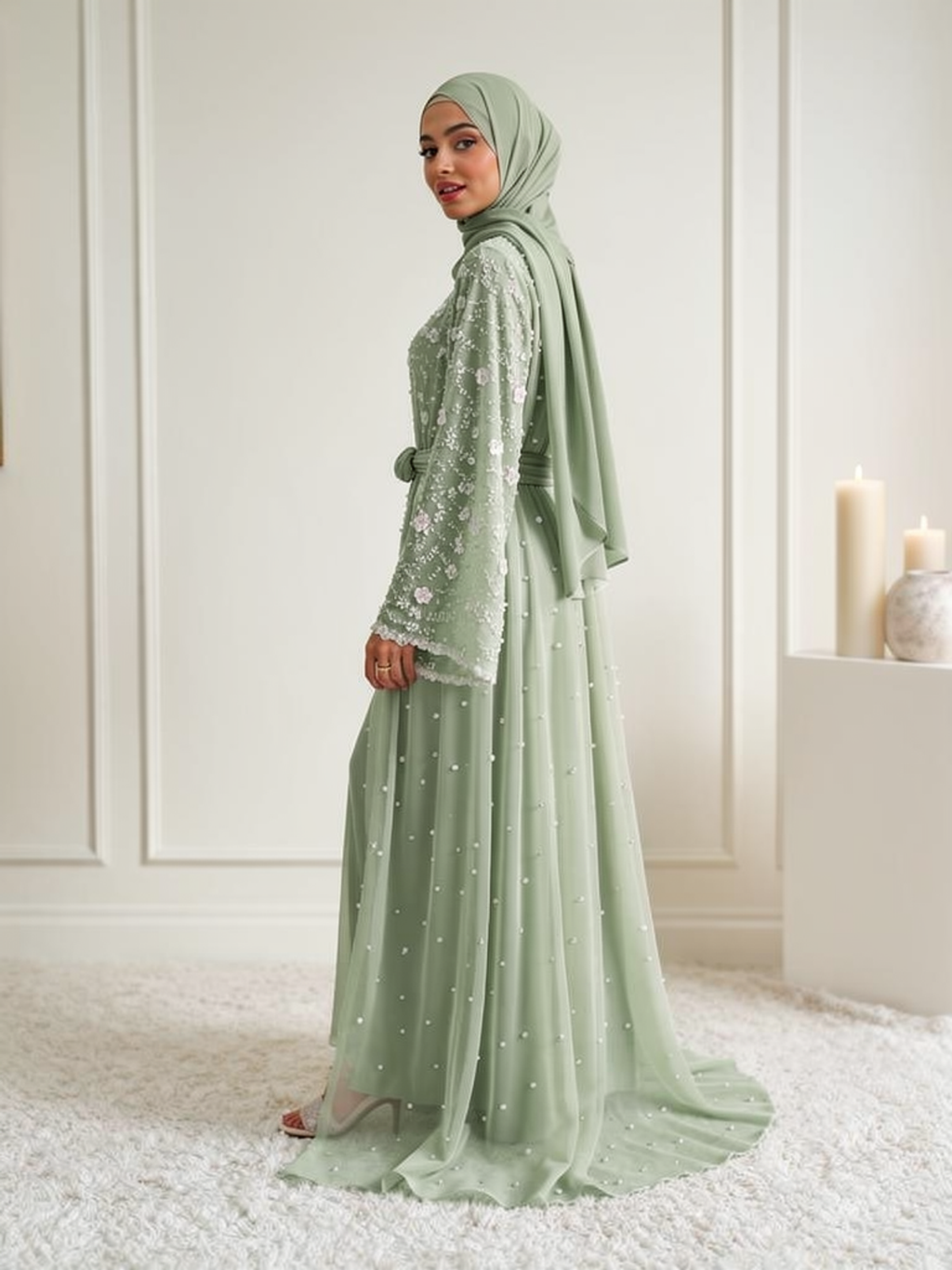 Abaya Perlée Lina Sauge — vue trois-quarts