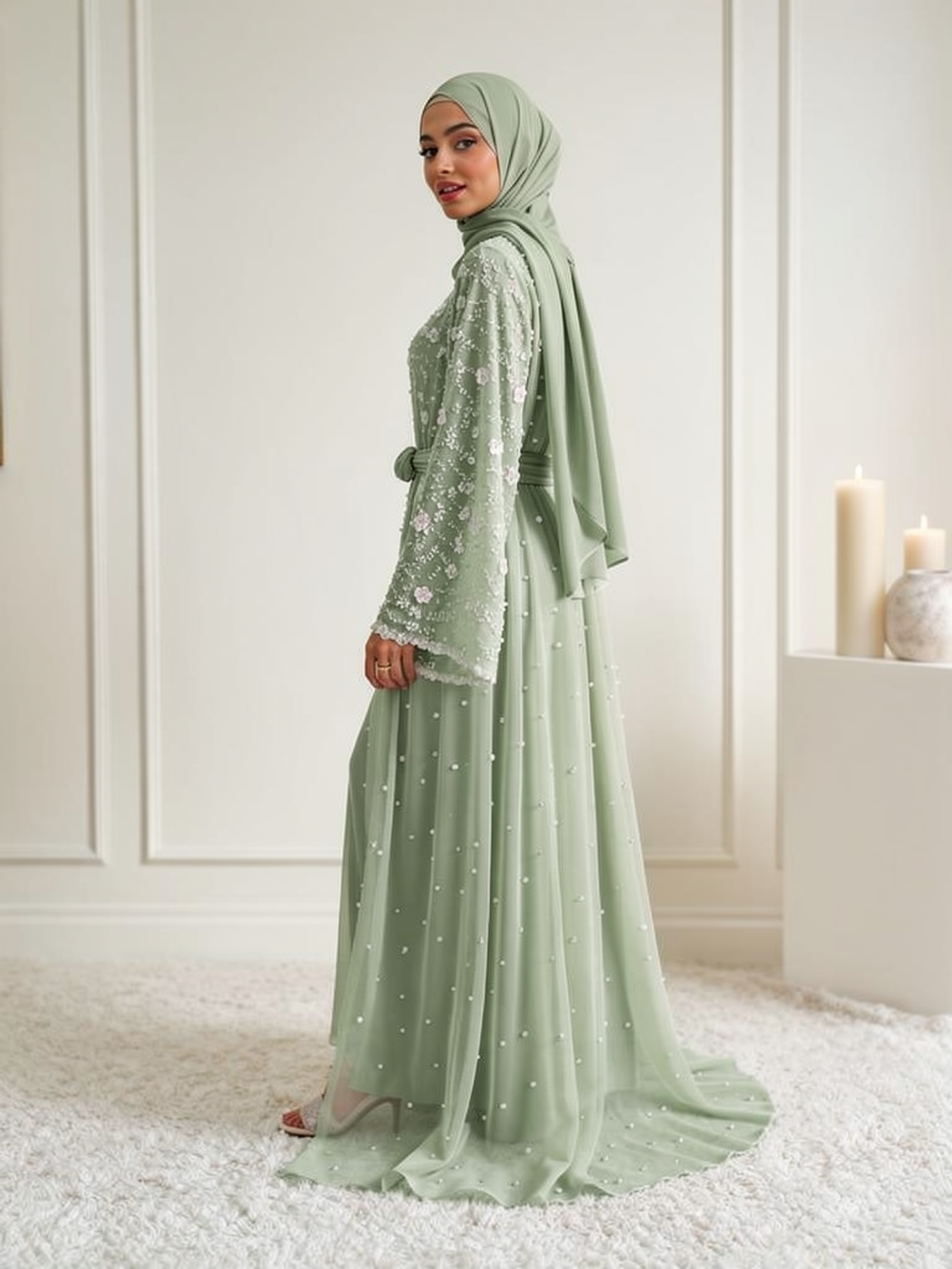 Abaya Perlée Lina Sauge — vue trois-quarts