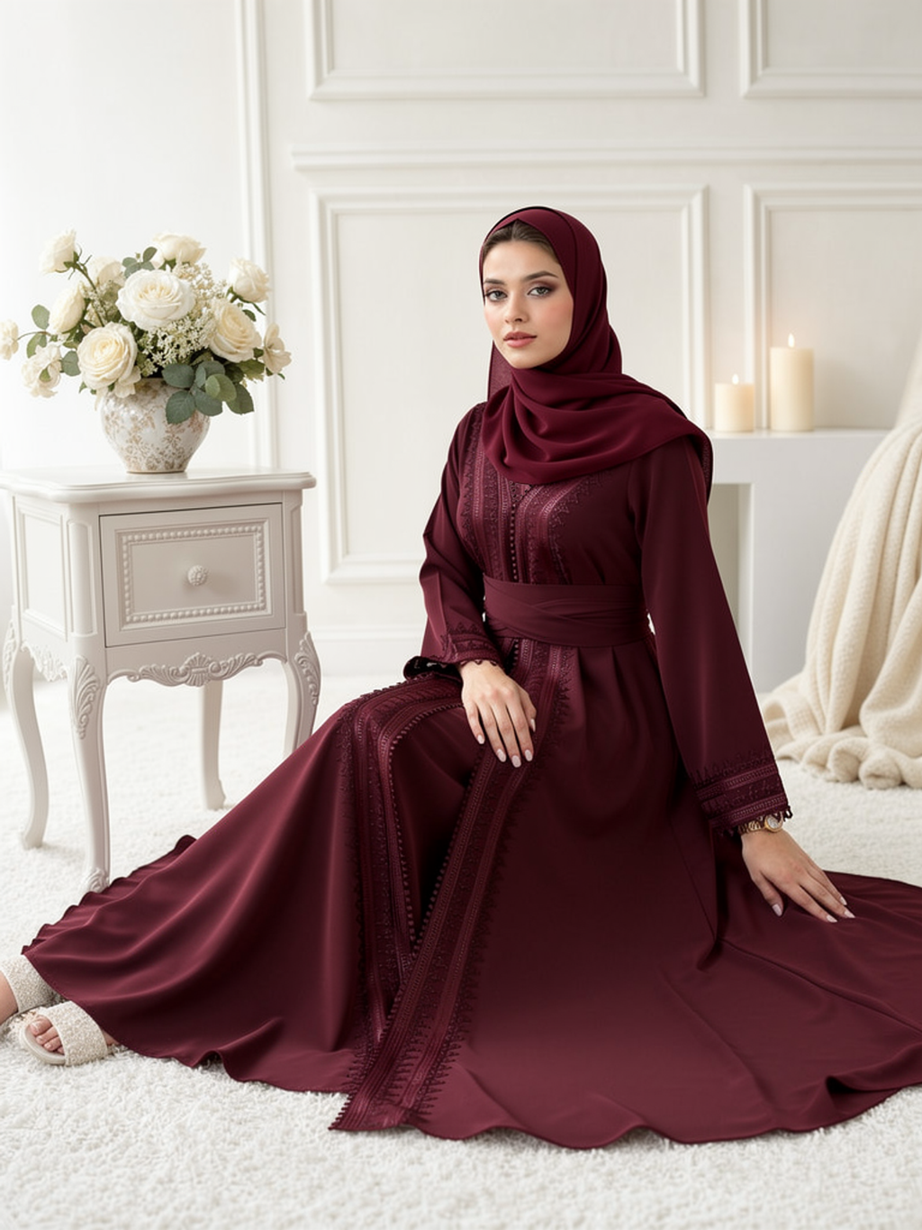 Caftan Salma Bordeaux — portée, assise