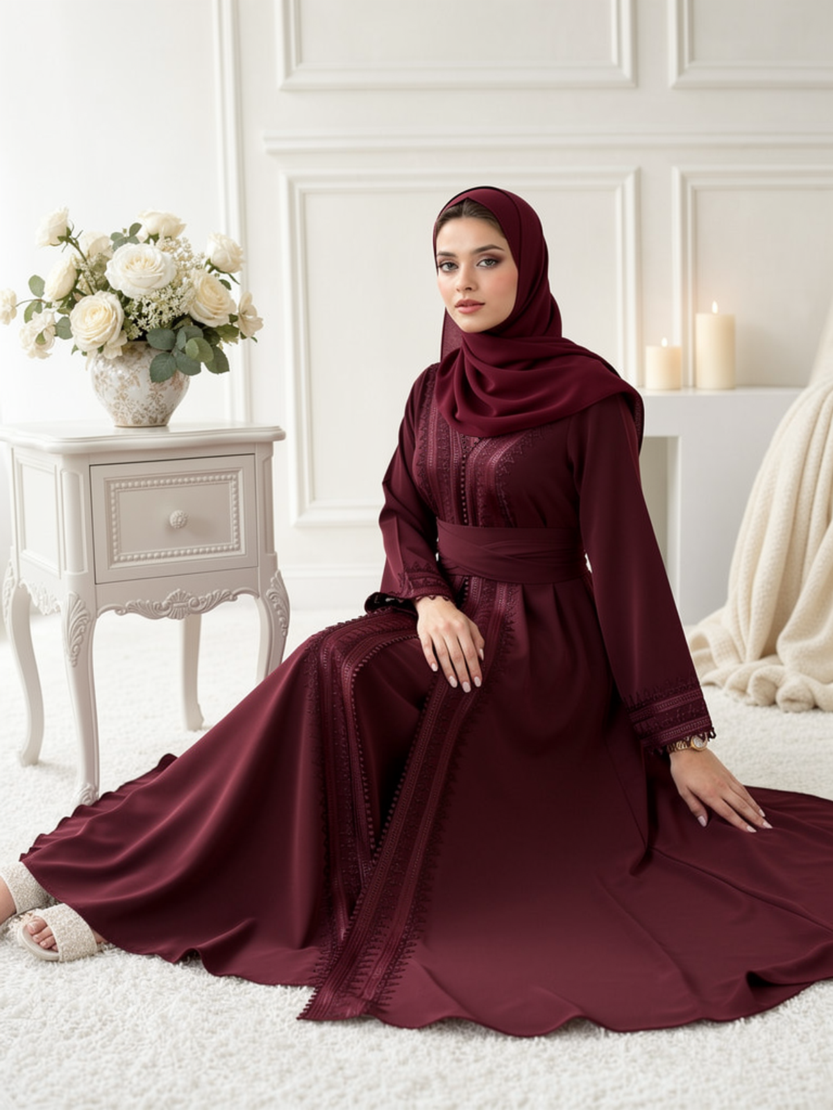 Caftan Salma Bordeaux — portée, assise