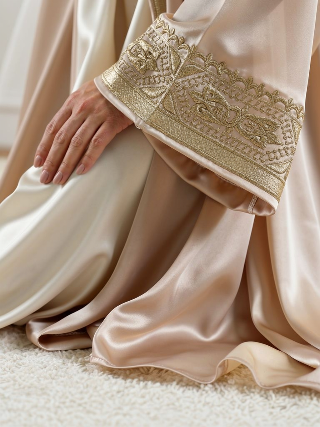 Caftan Soraya Champagne — détail manche et ourlet
