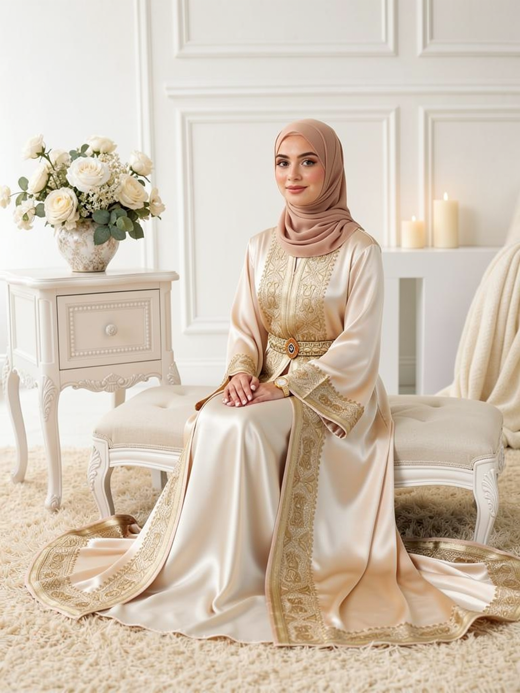 Caftan Soraya Champagne — portée, assise