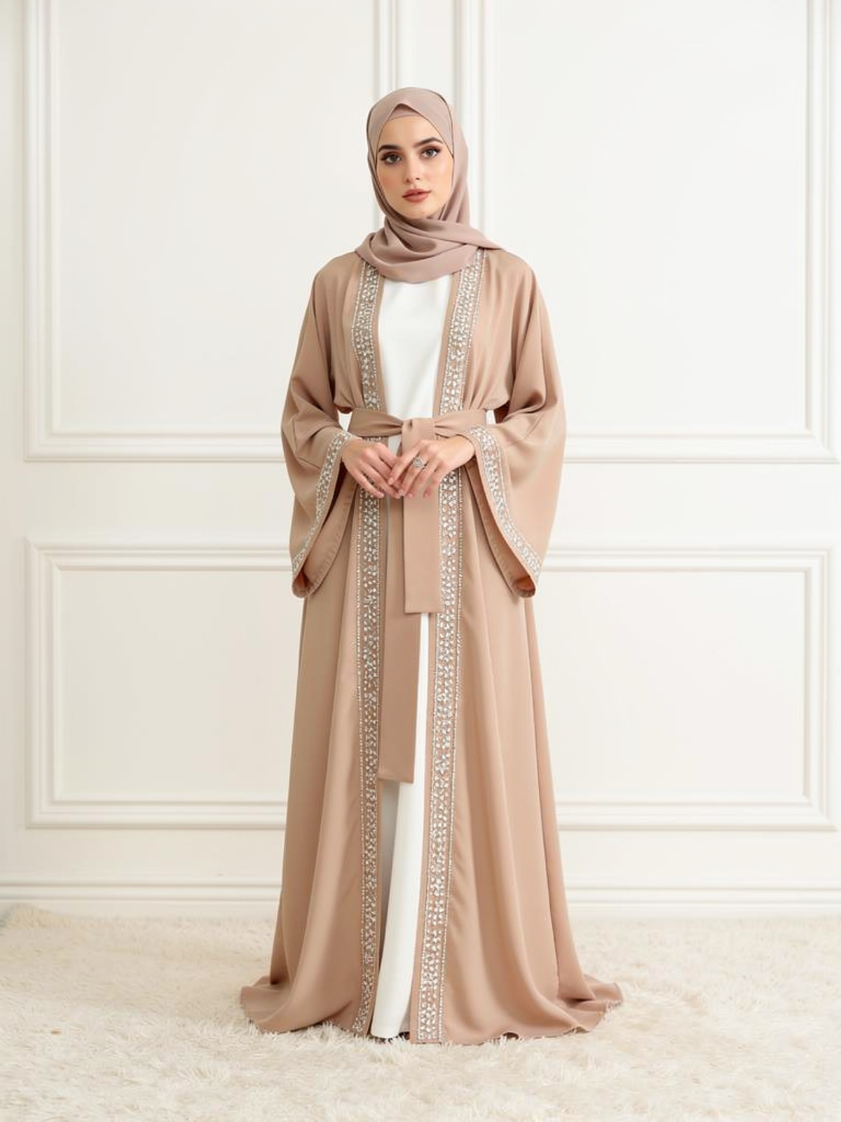 Abaya Mousseline Yasmine Beige — vue de face