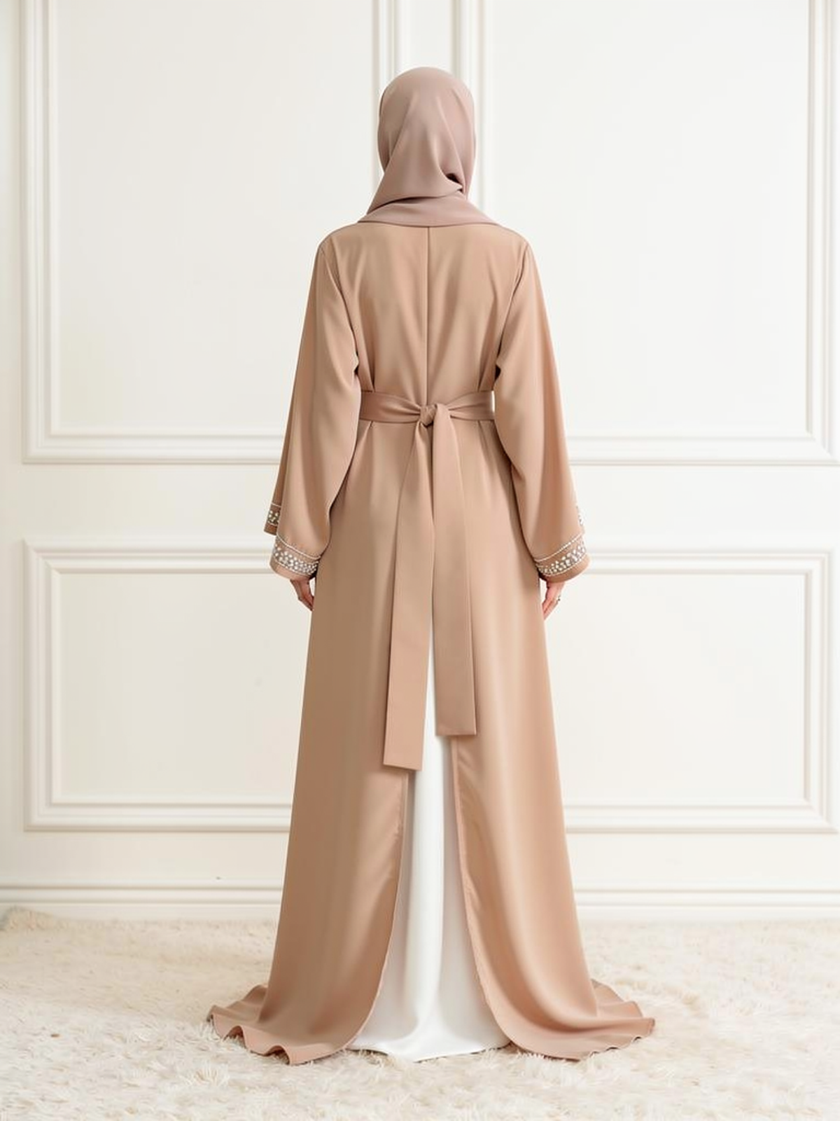 Abaya Mousseline Yasmine Beige — vue de dos