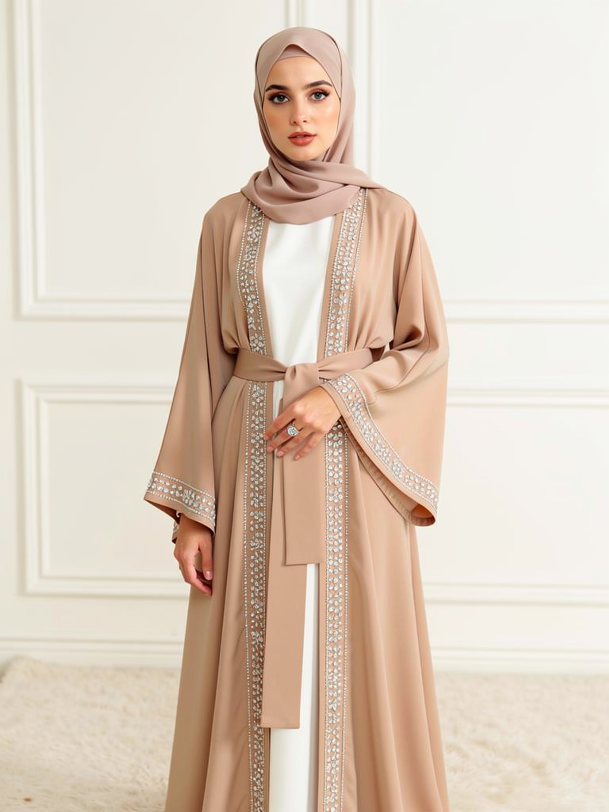 Abaya Mousseline Yasmine Beige — détail du buste