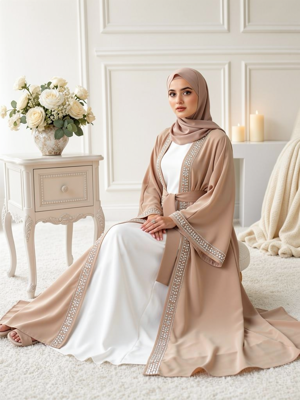 Abaya Mousseline Yasmine Beige — portée, assise