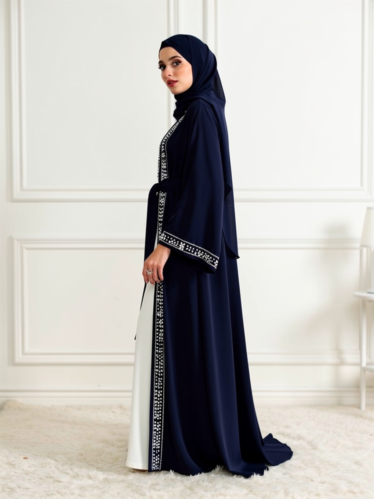 Abaya Mousseline Yasmine Bleu Nuit — vue trois-quarts