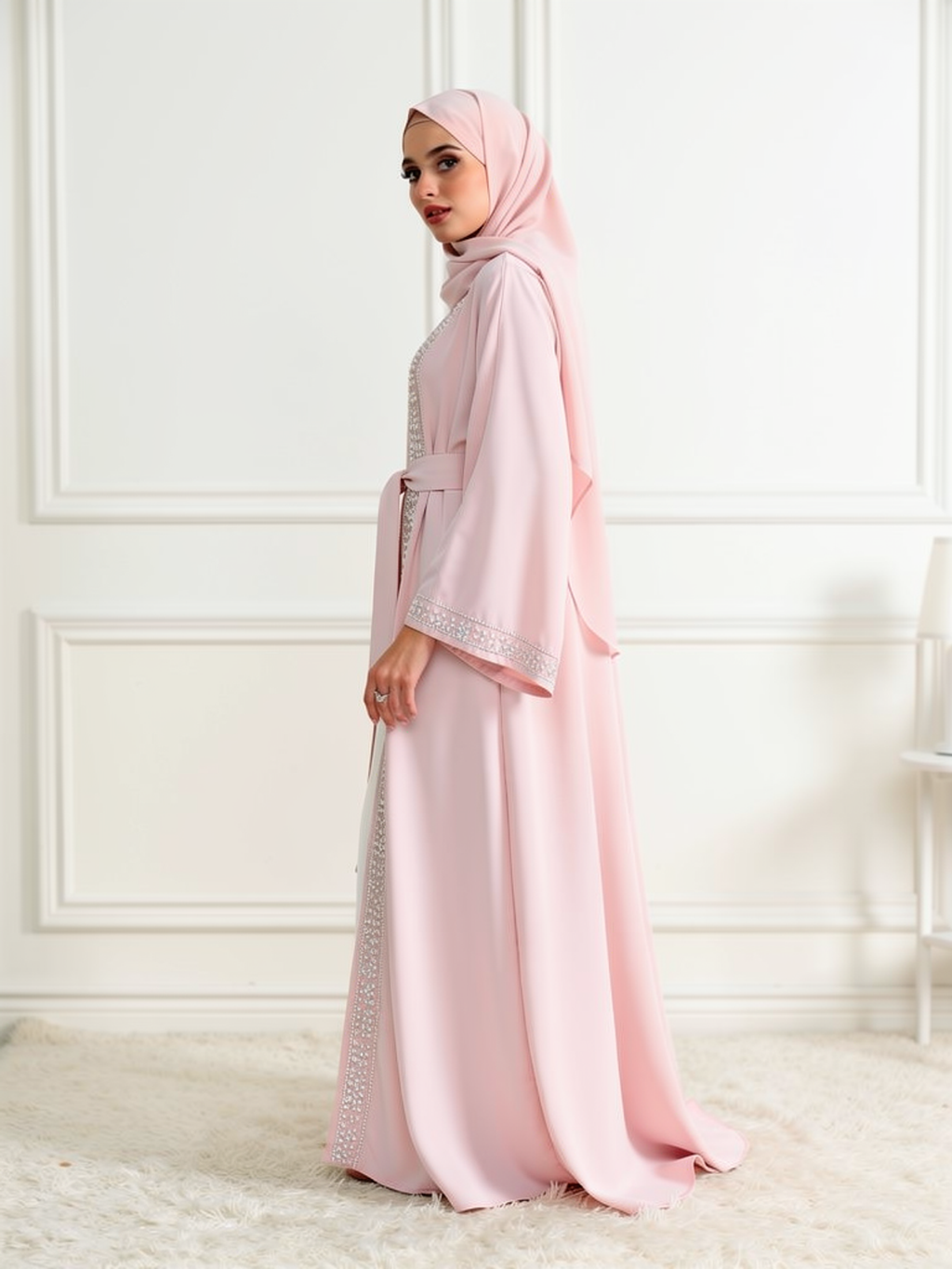 Abaya Mousseline Yasmine Rose Poudré — vue trois-quarts