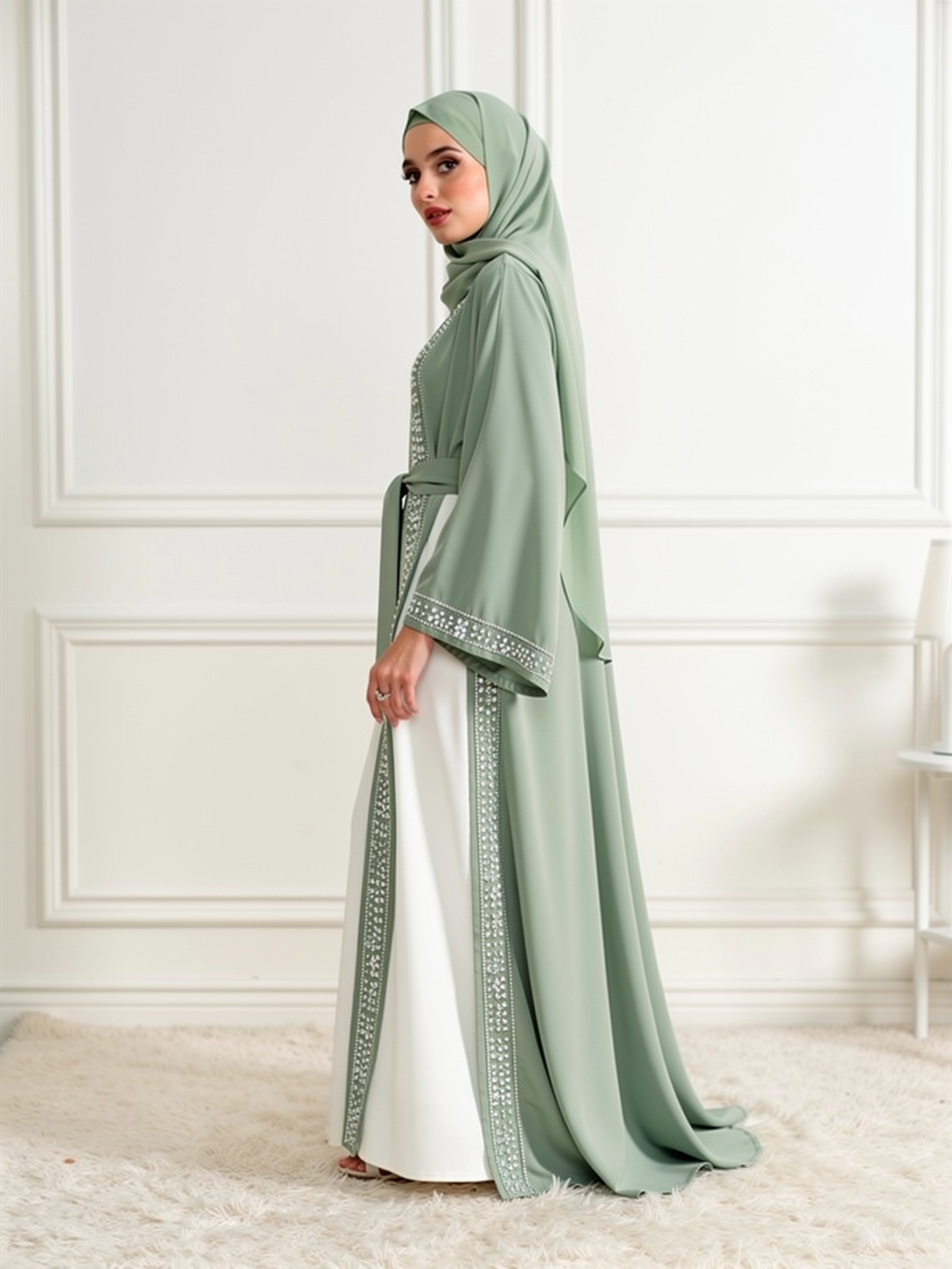 Abaya Mousseline Yasmine Sauge — vue trois-quarts