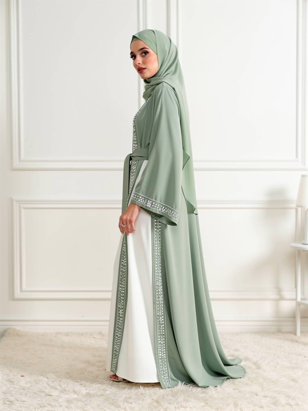 Abaya Mousseline Yasmine Sauge — vue trois-quarts